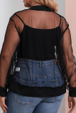 Black Casual Solid Color Mesh Zipper Zipper Collar Plus Size Overcoat