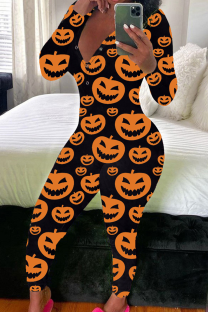 Orange Black Casual Print Buttons V Neck Skinny Jumpsuits