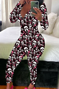 White Pink Casual Print Buttons V Neck Skinny Jumpsuits