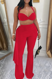 Red Sexy Solid Color Backless Halter Sleeveless Two Pieces
