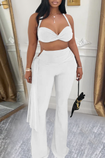 White Sexy Solid Color Backless Halter Sleeveless Two Pieces