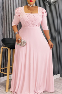 Pink Elegant Solid Color Ruched Square Neck Long Plus Size Dresses