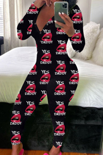 Black Red Casual Print Buttons V Neck Skinny Jumpsuits