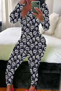 Black And White Casual Print Buttons V Neck Skinny Jumpsuits