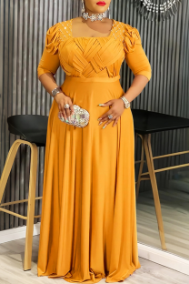 Yellow Elegant Solid Color Ruched Square Neck Long Plus Size Dresses