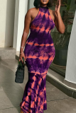 Purple Orange Elegant Print Patchwork O Neck Long Dresses