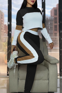 Black Casual Contrast O Neck Long Sleeve Two Pieces