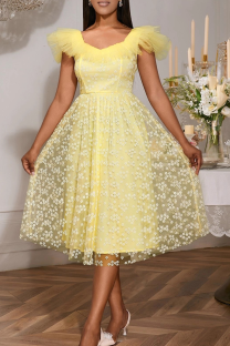 Yellow Party Elegant Solid Color Flowers Mesh Square Neck A Line Dresses