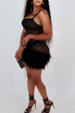 Black Sexy Solid Color See-Through Spaghetti Strap Wrapped Skirt Dresses