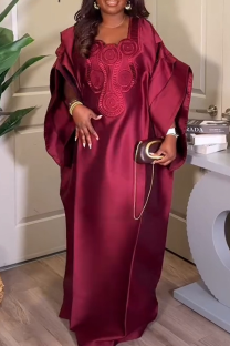 Burgundy Casual Solid Color Patchwork Square Neck Long Dresses
