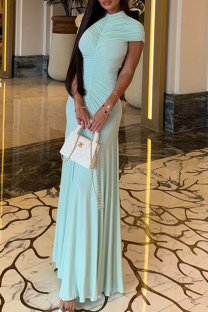 Light Blue Elegant Solid Color Ruched O Neck Long Dresses