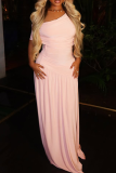 Light Pink Elegant Solid Color High Slit Oblique Collar Long Dresses
