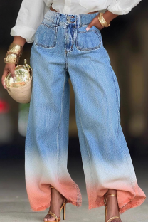 Blue Casual Gradient Patchwork Mid Waist Loose Denim Jeans