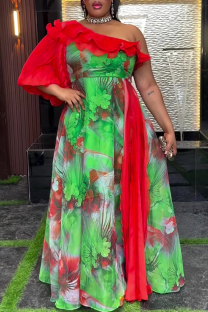 Green Elegant Print Flounce Oblique Collar Long Plus Size Dresses