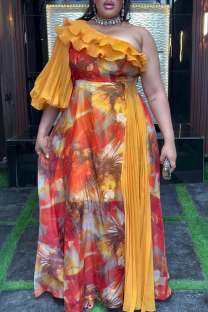 Orange Elegant Print Flounce Oblique Collar Long Plus Size Dresses