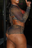 Black Sexy Print Patchwork Strapless Long Sleeve Three Pieces