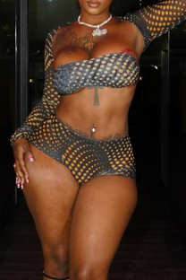 Black Sexy Print Patchwork Strapless Long Sleeve Three Pieces