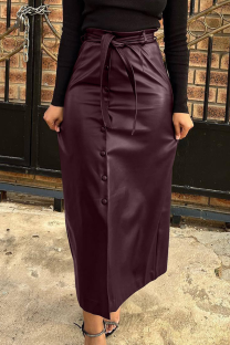 Burgundy Casual Solid Color Strap Design Straight High Waist Patchwork Bottoms