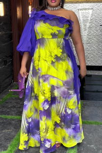 Yellow Elegant Print Flounce Oblique Collar Long Plus Size Dresses