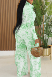 Green Casual Print Buckle Turndown Collar Long Sleeve Two Pieces