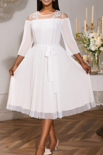 White Elegant Solid Color Mesh O Neck A Line Dresses