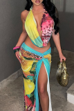 Colour Sexy Print High Slit Halter Sleeveless Two Pieces