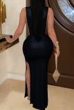 Silver Sexy Solid Color Slit Turtleneck Long Dresses