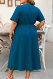 Blue Casual Solid Color Draw String V Neck Long Plus Size Dresses