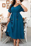 Blue Casual Solid Color Draw String V Neck Long Plus Size Dresses