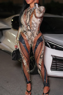 Khaki Sexy Snakeskin Print Patchwork O Neck Long Sleeve Two Pieces