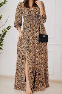 Yellow Casual Leopard Print Slit V Neck Printed Dresses