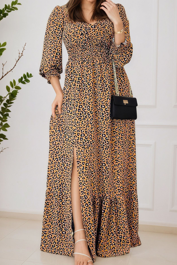 Yellow Casual Leopard Print Slit V Neck Printed Dresses