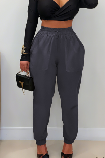 Grey Casual Solid Color Pocket Bodycon Mid Waist Conventional Patchwork Bottoms