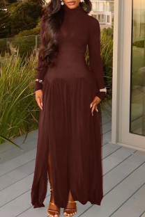 Dark Brown Elegant Solid Color Slit Turtleneck Long Dresses