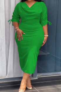Green Elegant Solid Color Draw String V Neck Wrapped Skirt Plus Size Dresses