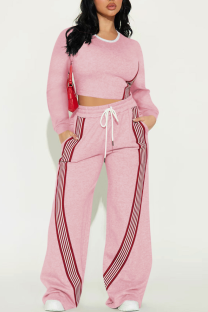 Pink Casual Stripe Patchwork O Neck Long Sleeve Two Pieces