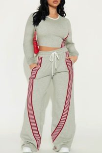 Grey Casual Stripe Patchwork O Neck Long Sleeve Two Pieces