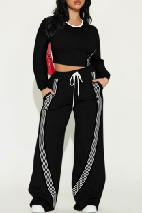 Black Casual Stripe Patchwork O Neck Long Sleeve Two Pieces
