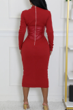 Coffee Casual Solid Color Zipper O Neck Wrapped Skirt Dresses
