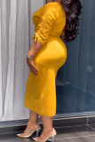 Green Elegant Solid Color Draw String V Neck Wrapped Skirt Plus Size Dresses