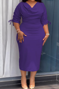 Purple Elegant Solid Color Draw String V Neck Wrapped Skirt Plus Size Dresses