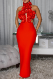 Red Sexy Solid Color Backless Flower Shape Turtleneck Long Dresses