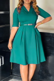 Pink Elegant Solid Color With Belt Turndown Collar Long Dresses