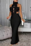 Red Sexy Solid Color Backless Flower Shape Turtleneck Long Dresses