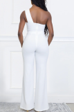 Black Sexy Solid Color Metal Accessories Trim Oblique Collar Regular Jumpsuits
