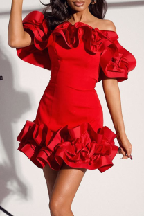 Red Sexy Solid Color Flounce Off Shoulder Dresses