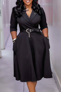 Black Elegant Solid Color Pocket With Belt Turndown Collar Long Dresses