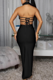 Red Sexy Solid Color Backless Flower Shape Turtleneck Long Dresses
