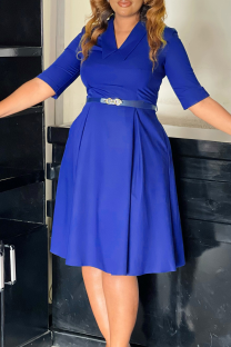 Royal Blue Elegant Solid Color With Belt Turndown Collar Long Dresses