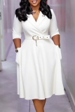 White Elegant Solid Color Pocket With Belt Turndown Collar Long Dresses